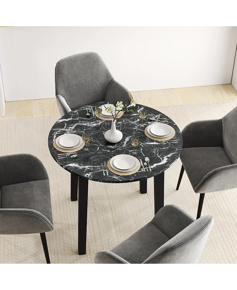 Round Dining Table with Rubber Wood Legs and Marble-textured Veneer Tabletop