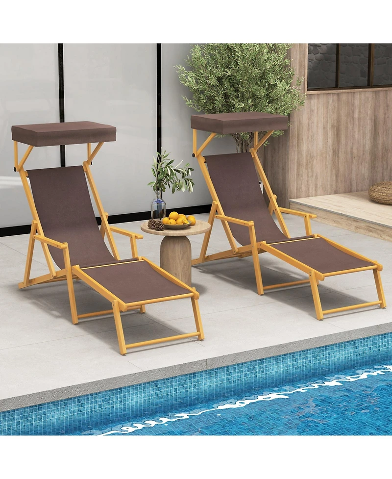 Birch Wood Chaise Lounge Chair Foldable Beach with Adjustable Canopy