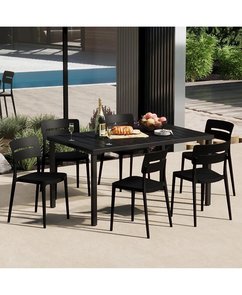 7-Piece Outdoor Rectangular Metal Patio Dining Table Set With Stackable Chairs