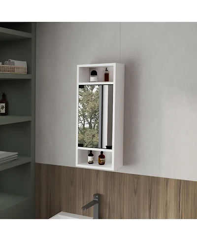 Pine Like Medicine Cabinet with Mirrored Door and Open Storage, White