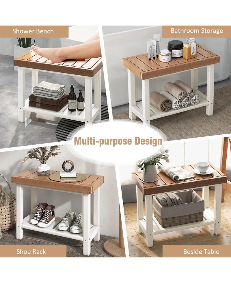 2-Tier Hdpe Shower Chair with Storage Shelf and Anti-slip Foot Pads for Bath Spa-Brown