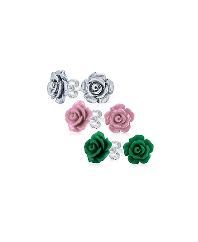 Bling Jewelry Set of 3 Romantic 3D Carved Rose Flower Post Stud Earrings 10MM Lightweight