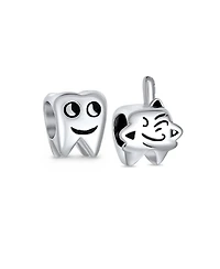 Bling Jewelry Set of 2 Smiling Tooth and Fairy Dentist Charm Bead Oxidized Sterling Silver