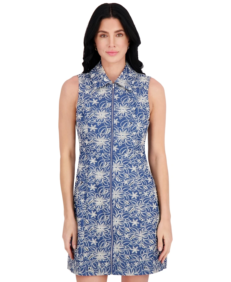 kensie Women's Embroidered Denim Collared Sheath Dress