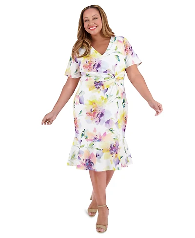 London Times Plus Size Twist-Front Ruffle-Hem Midi Dress