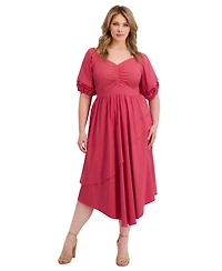 Siena Plus Puff-Sleeve Asymmetric-Hem Midi Dress