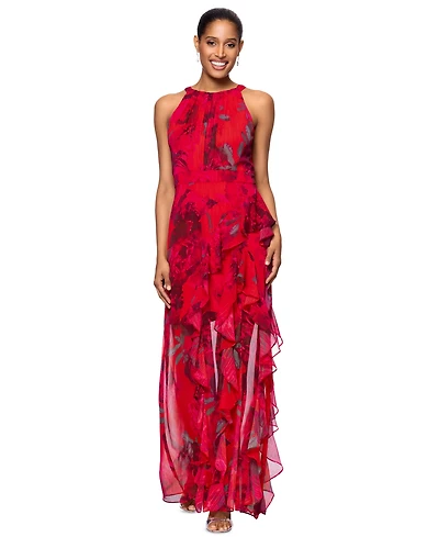 Betsy & Adam Petite Printed Ruffled Halter Gown