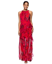 Betsy & Adam Petite Printed Ruffled Halter Gown