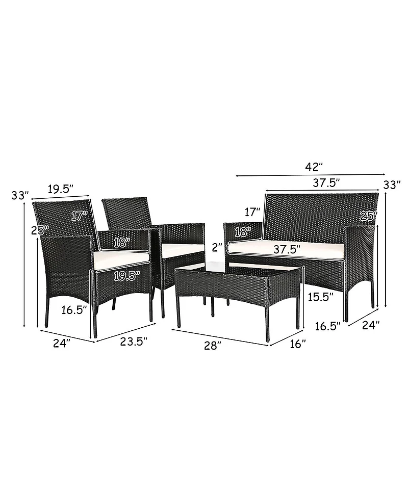 4PCS Patio Rattan Furniture Set Cushioned Sofa Coffee Table Backyard Porch