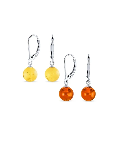 Bling Jewelry Set of 2 Round Honey Cognac Lemon Yellow Amber Drop Ball Earrings Silver