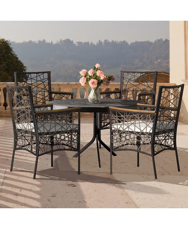 4pcs Pe Wicker Patio Bistro Chairs Acacia Wood Armrests w/ Cushions Outdoor