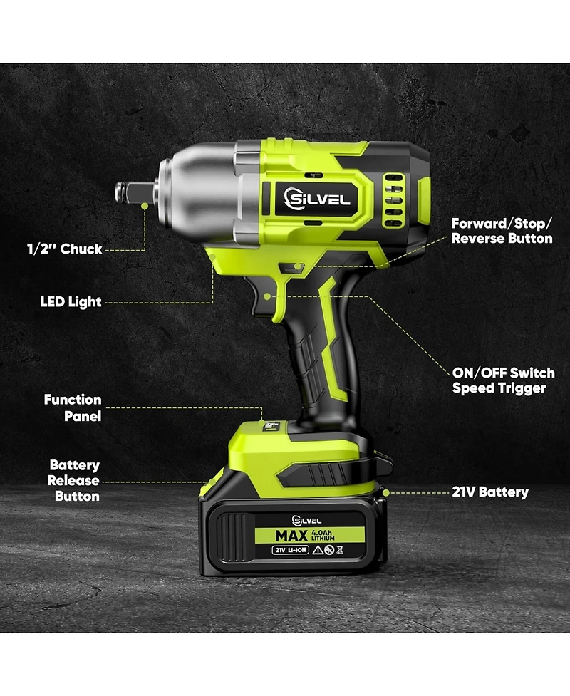 Silvel Cordless Impact Wrench, 370 Ft-lbs (500N.m) Gun 1/2 inch, 2 4.0Ah Battery Powered Brushless Wrench with 6 Sockets, Fast Charger