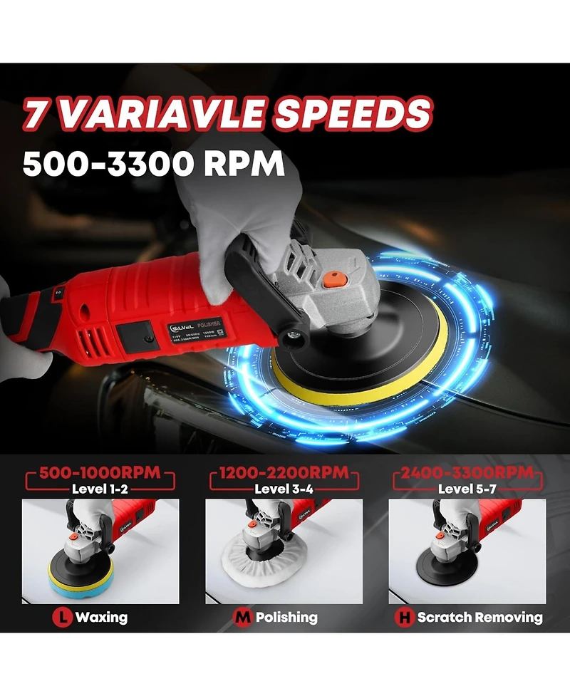 Silvel Buffer Polisher, 1600W 7 Inch/6 Inch Polisher for Car Detailing, Wax Machine, 7 Variable Speed, with 6 Foam Pads, 3 Wool Pads, Packaging Bag, f