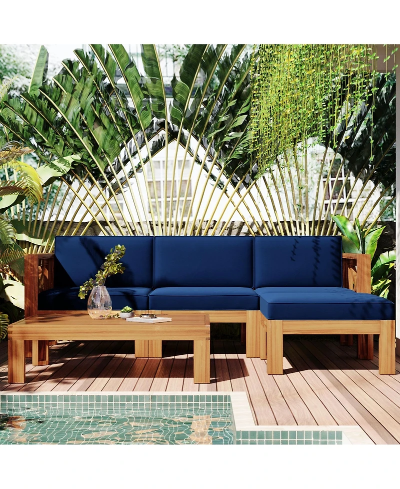Mondawe Outdoor Wood 5-Piece Sectional Sofa Seating Group Set with Cushions