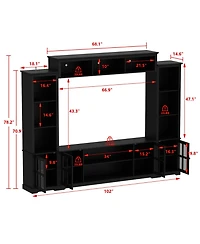 Grey Tv stand with top, left and right cabinets, multi-purpose media wooden console, entertainment center tempered glass