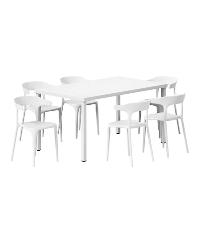 7-Piece Outdoor Metal Rectangle Patio Dining Table Set With Stackable Plastic Dining Chairs For 6