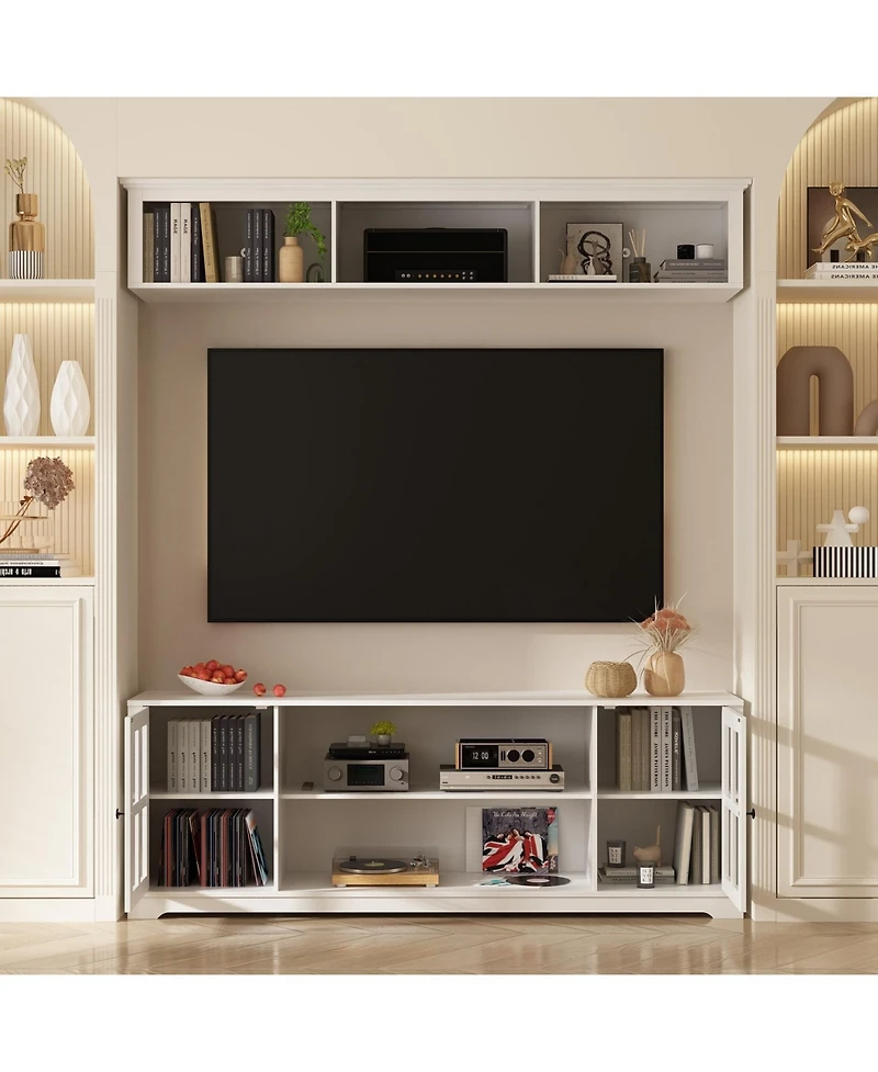 White Tv stand with top cabinets, entertainment center with tempered glass doors, wooden media console