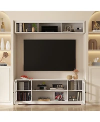 White Tv stand with top cabinets, entertainment center with tempered glass doors, wooden media console