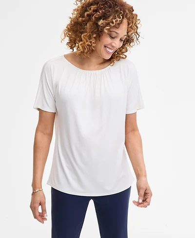 Jm Collection Women's Solid Pleat Neck Short-Sleeve Top, Exclusively at Macy's