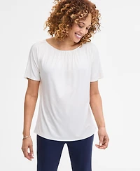 Jm Collection Women's Solid Pleat Neck Short-Sleeve Top, Exclusively at Macy's