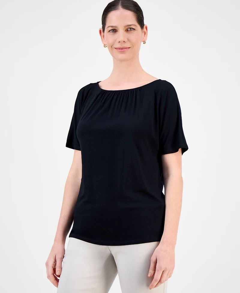 Jm Collection Women's Solid Pleat Neck Short-Sleeve Top, Exclusively at Macy's