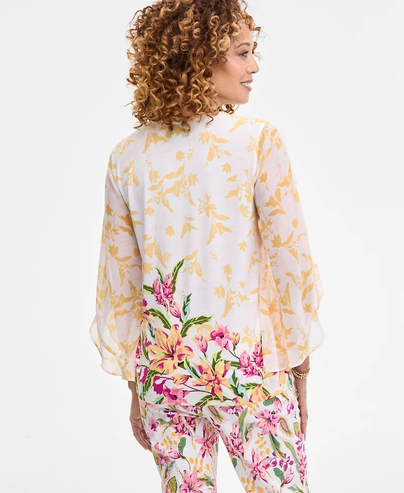 Jm Collection Women's Printed Embellished V-Neck Ruffle-Sleeve Top, Exclusively at Macy's