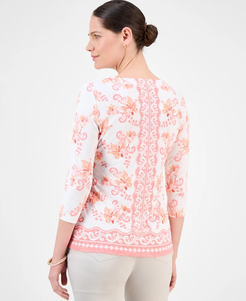 Jm Collection Women's Printed 3/4 Sleeve Scoop-Neck Jacquard Top