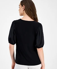 Anne Klein Women's Puff-Sleeve V-Neck Tie-Front Top