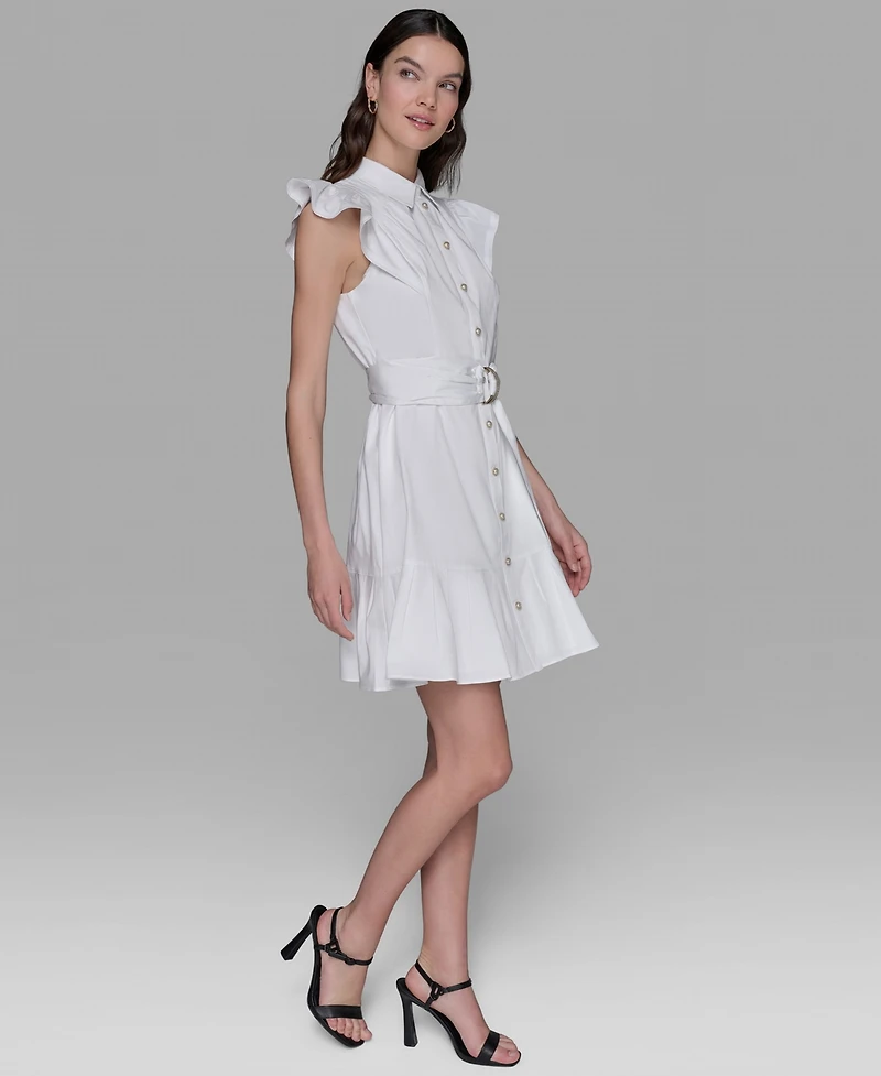 Karl Lagerfeld Paris Women's Flutter-Sleeve Belted Flounce-Hem Dress