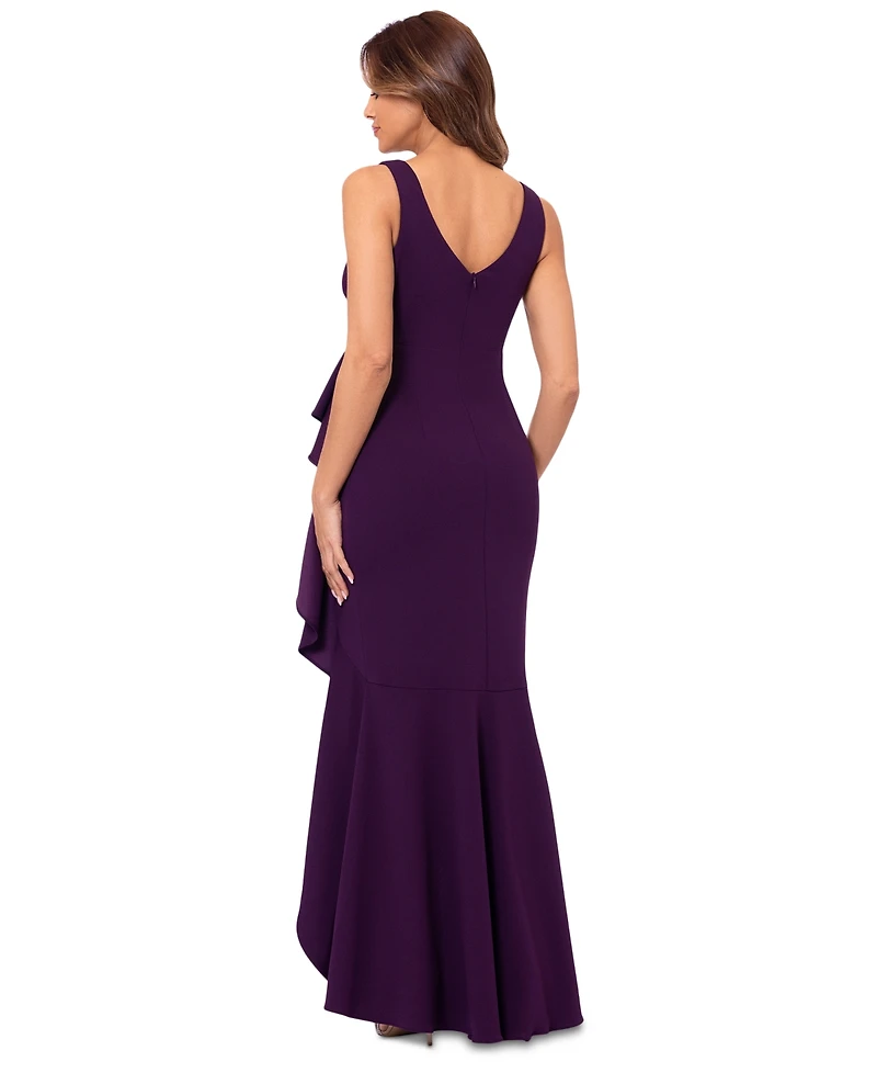 Betsy & Adam Petite Ruffled High-Low Mermaid Gown