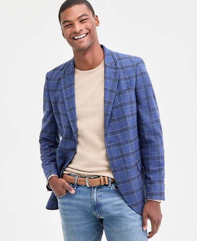 Nautica Men's Modern-Fit Blue Plaid Tweed Sport Coat