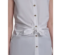 Halston Women's Cotton Tie-Waist Button-Front Sleeveless Blouse