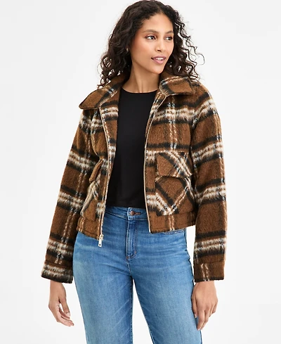 Bcbgmaxazria Women's Plaid Collared Zip-Front Coat