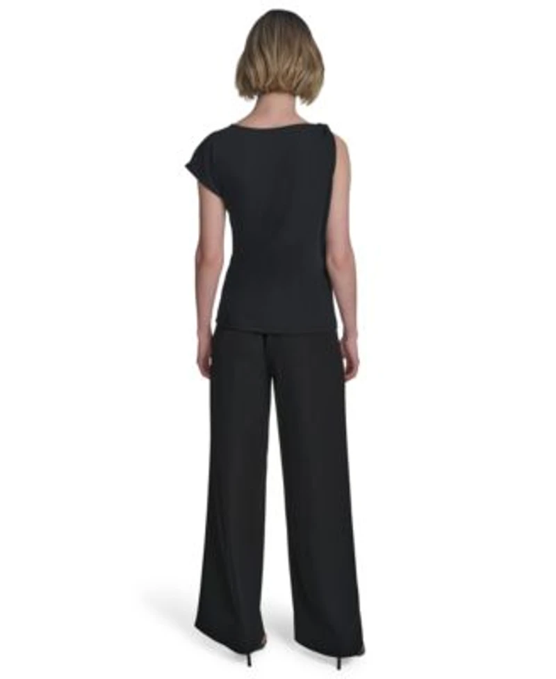 Halston Womens Asymmetric One Shoulder Hardware Top Horsebit Buckle Straight Leg Pants