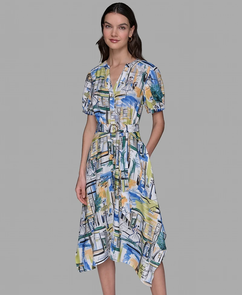 Karl Lagerfeld Paris Women's Paris-scene Print Belted High-low Shirtdress With V-neckline