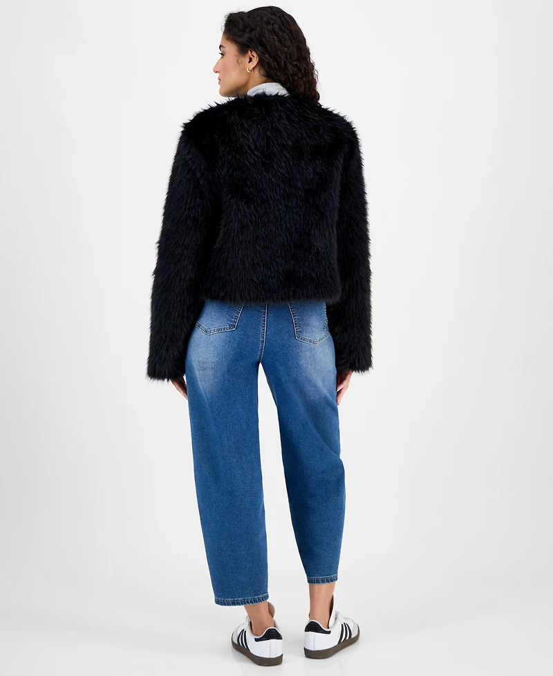 CeCe Women's Collarless Short Faux-Fur Coat
