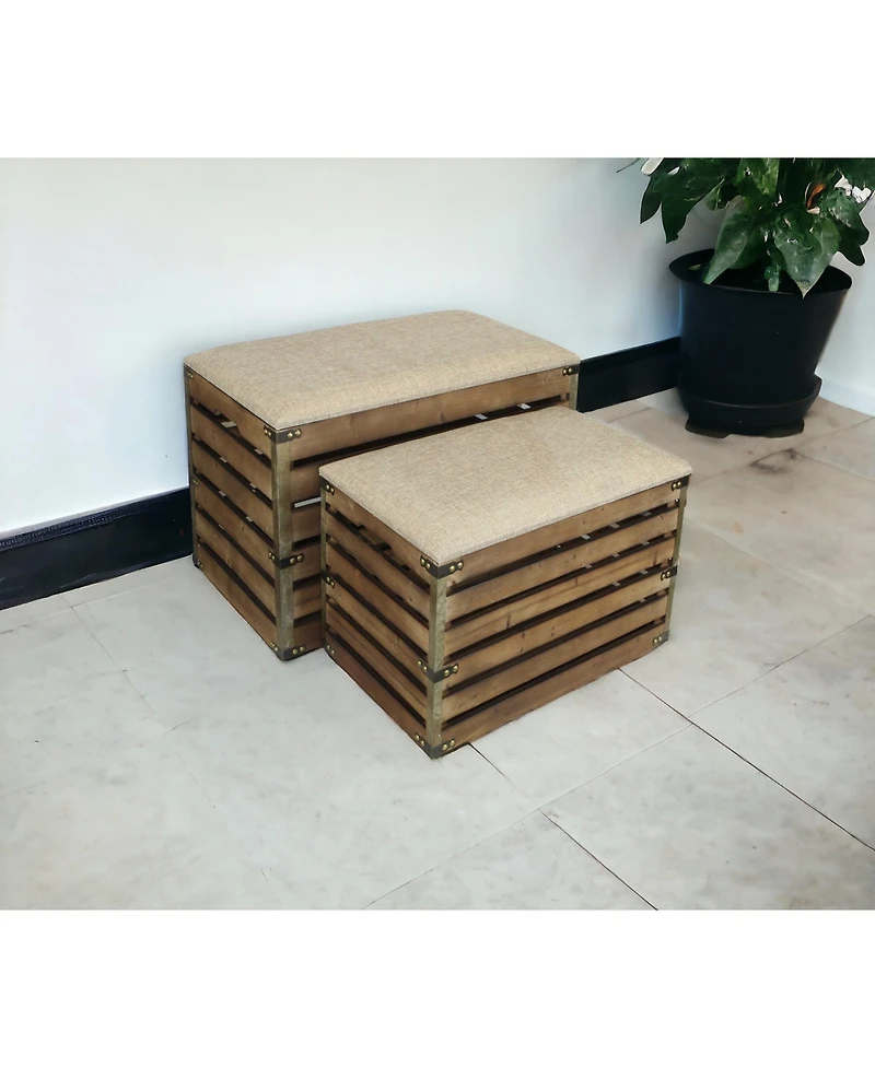 Set Of 2 Rectangular Linen Fabric And Wood Slats Storage Benches