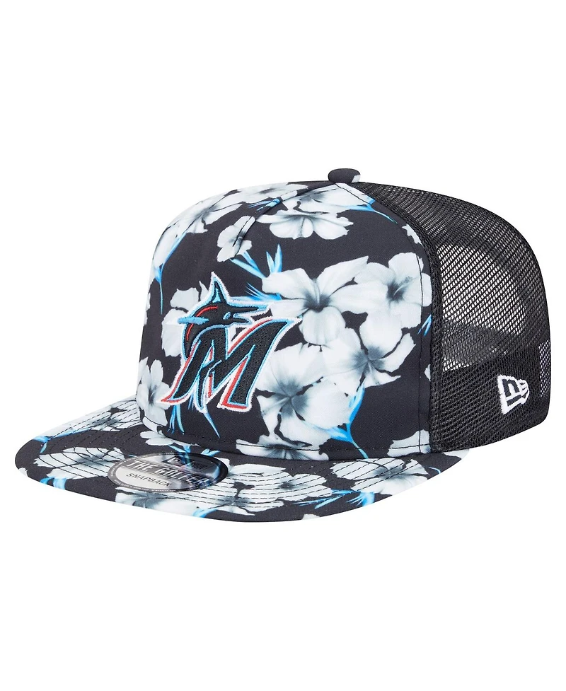 New Era Men's Black Miami Marlins Adventure Pattern Golfer Trucker Snapback Hat
