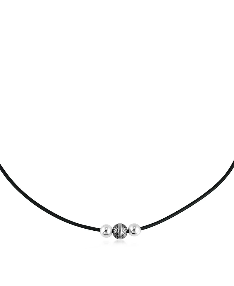 Sterling Silver Black Leather 3 Bead Necklace, 17 to 20 Inches