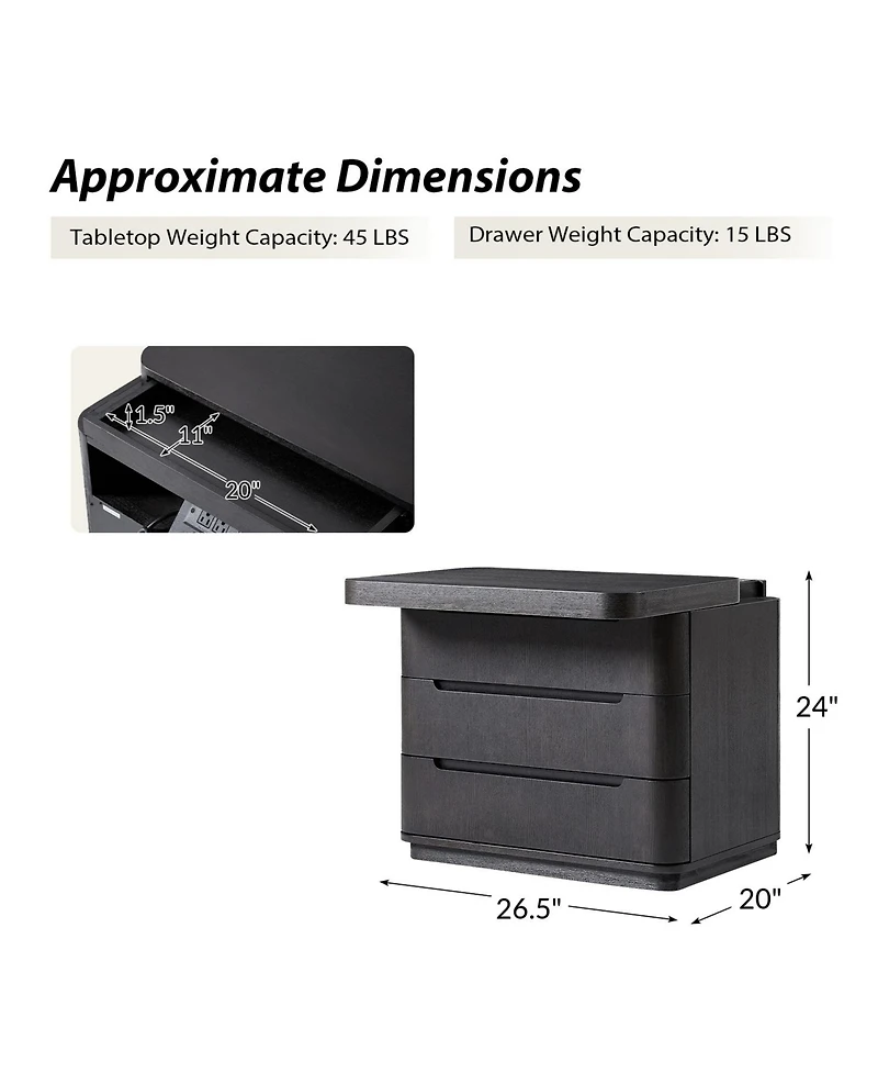 Modern Patrick 3-Drawer Nightstand with Built-In Power Outlet and Hidden Storage Compartment