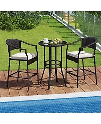3 Pcs Patio Rattan Bar Set Wicker Armchairs & Round Table with Tempered Glass Top