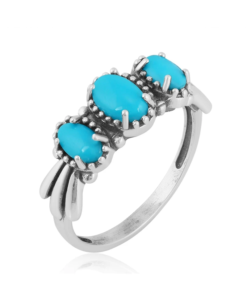 Sterling Silver Sleeping Beauty Turquoise 3-Stone Fan Ring, Size 9