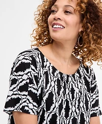 Jm Collection Women's Printed Pleat Neck Short-Sleeve Top, Exclusively at Macy's