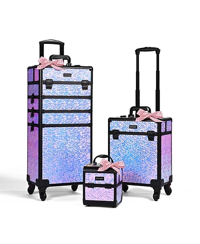 Byootique Rolling Makeup Train Case 3-Piece Cosmetic Organizer Kit Trolley Organizer Travel Case Lockable Salon Barber Case Traveling Cart Trunk with