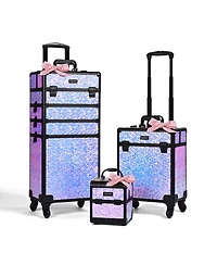 Byootique Rolling Makeup Train Case 3-Piece Cosmetic Organizer Kit Trolley Organizer Travel Case Lockable Salon Barber Case Traveling Cart Trunk with