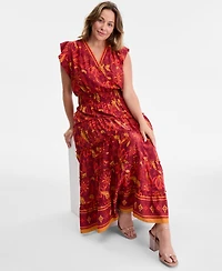 Vince Camuto Plus Printed Smocked-Waist Flutter-Sleeve Maxi Dress