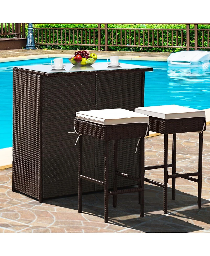 3PCS Patio Rattan Wicker Bar Table Stools Dining Set Cushioned