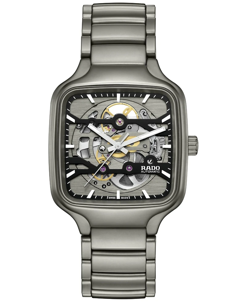 Rado Unisex Swiss Automatic True Square Skeleton Gray Ceramic Bracelet Watch 38mm