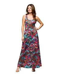 24seven Comfort Apparel Women's Pink and Brown Print Scoop Neck A Line Sleeveless Maxi Dress