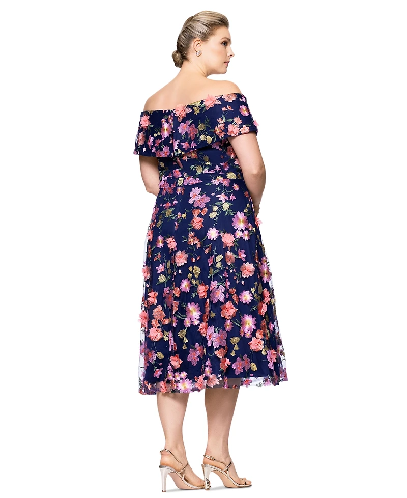 Xscape Plus 3D-Floral Embroidered Off-The-Shoulder Dress
